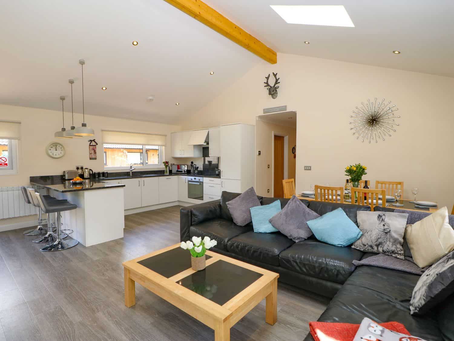 Spacious living area with 65-inch TV and leather corner sofa at Broken-Sky Lodge