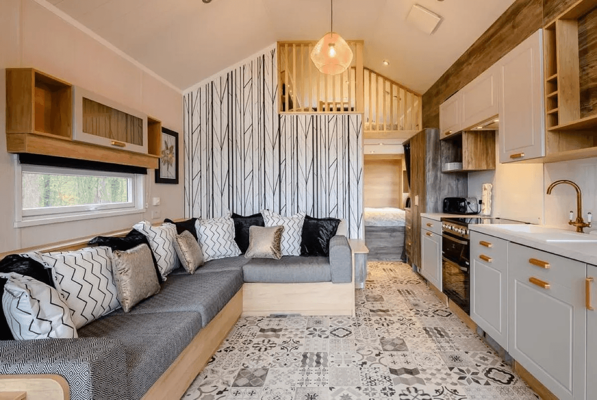 Contemporary open plan living space at Woodpecker Lodge